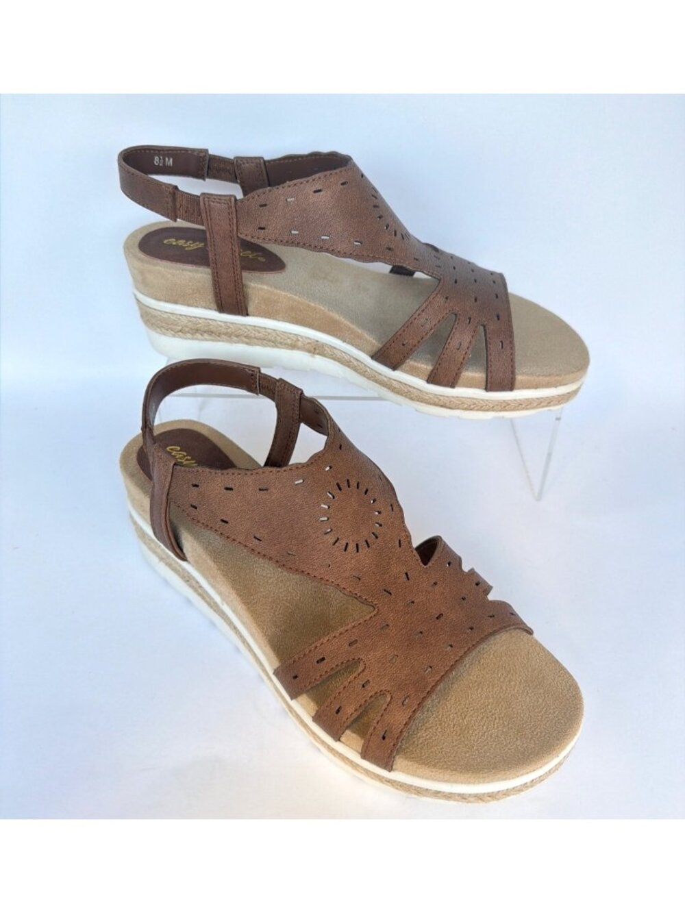 Easy Street Fran Wedge Sandals Tan Brown Pleather Shoes Size 8.5